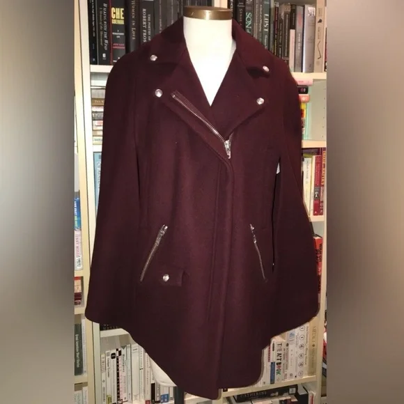 The Kooples Burgundy Moto Cape Coat Jacket - Picture 5 of 16
